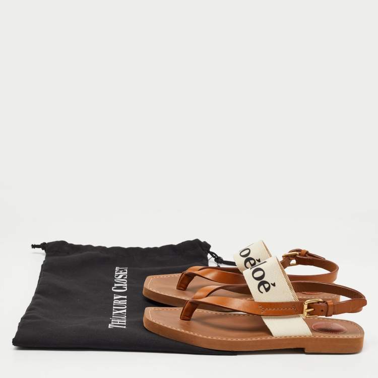 Pre Owned Chloe Tan/White Leather and Logo Print Canvas Woody Thong Flat Sandals Size 37
