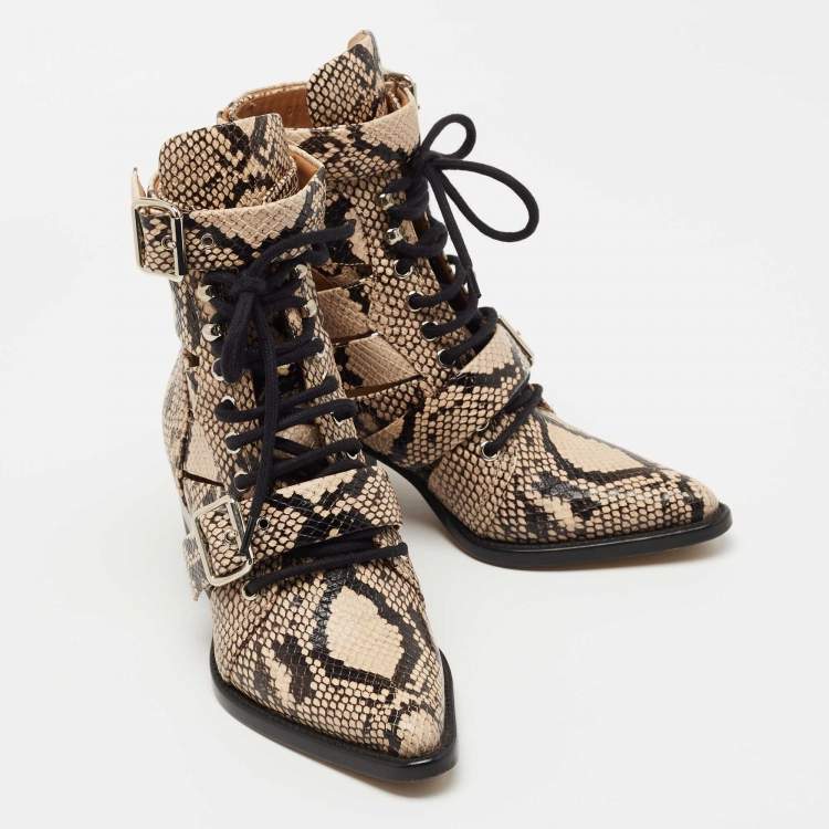 Pre Owned Chloe Brown/Black Python Embossed Leather Rylee Ankle Boots Size 36