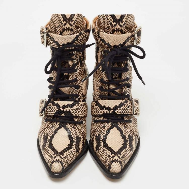 Pre Owned Chloe Brown/Black Python Embossed Leather Rylee Ankle Boots Size 36