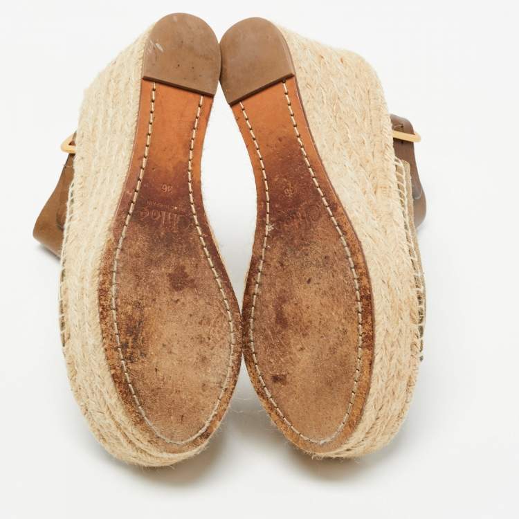Pre Owned Chloe Two Tone Leather and Suede Open Toe Espadrille Wedge Platform Ankle Strap Sandals Size 36