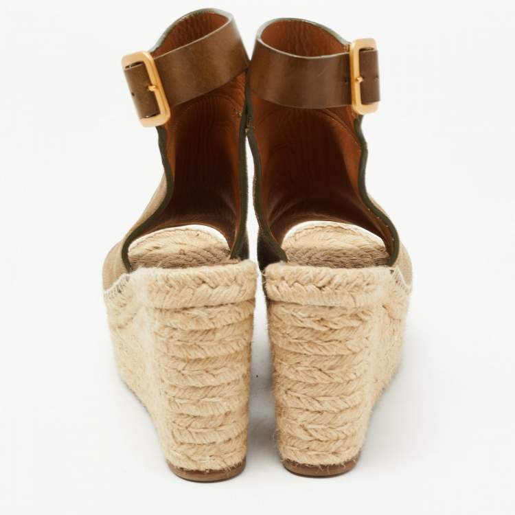 Pre Owned Chloe Two Tone Leather and Suede Open Toe Espadrille Wedge Platform Ankle Strap Sandals Size 36