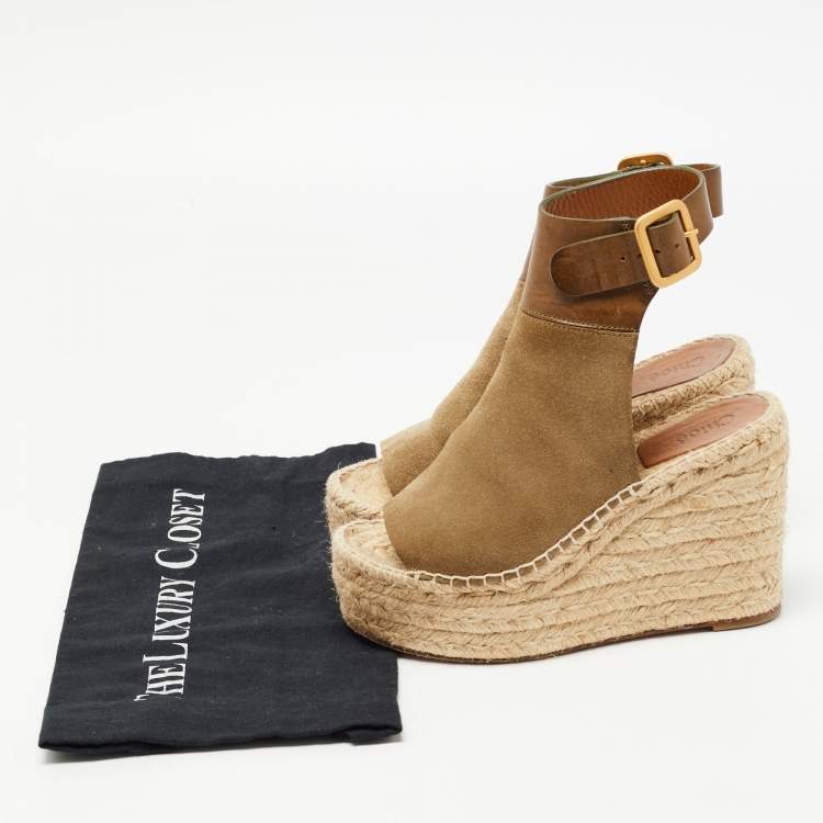 Pre Owned Chloe Two Tone Leather and Suede Open Toe Espadrille Wedge Platform Ankle Strap Sandals Size 36