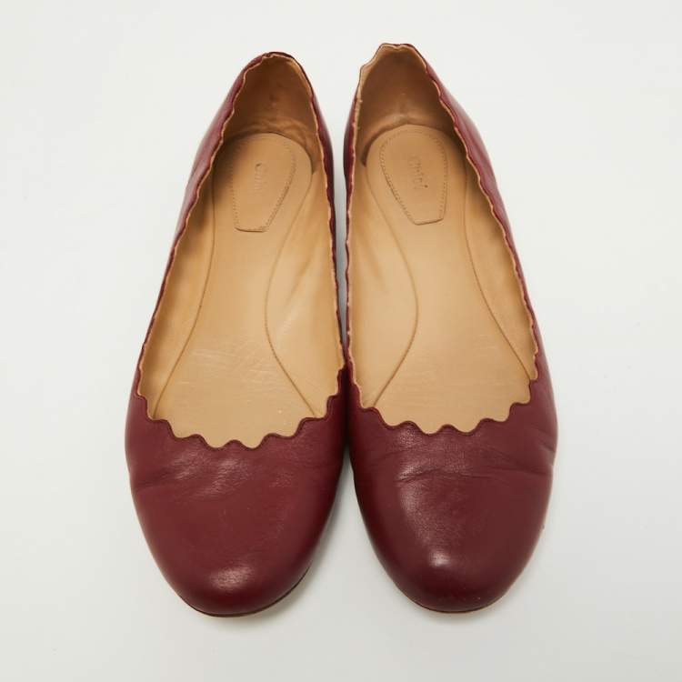 Pre Owned Chloe Burgundy Leather Scalloped Accent Ballet Flats Size 38