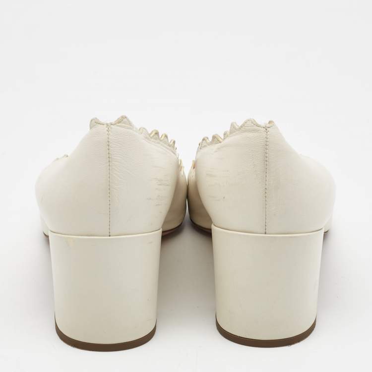 Pre Owned Chloe Cream Scalloped Leather Lauren Block Heel Pumps Size 40.5