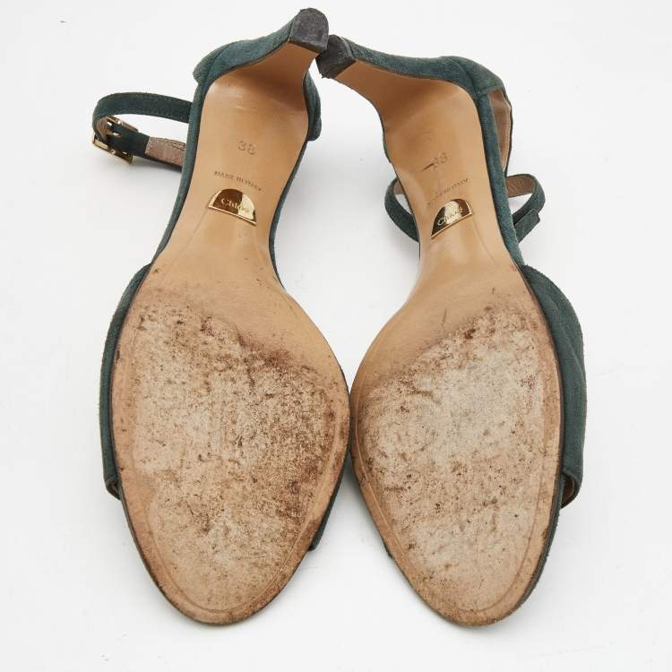 Pre Owned Chloe Green Suede Ankle Strap Sandals Size 38
