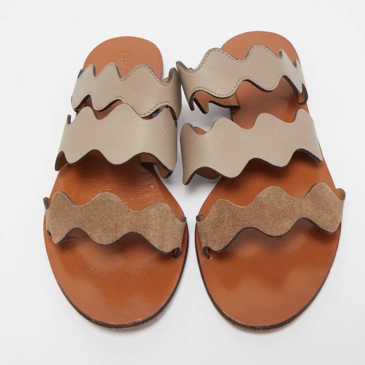 مملوكة مسبقًا Chloe Grey  Leather and Suede Lauren Wavy Three Strap Flat Slides Size 37.5