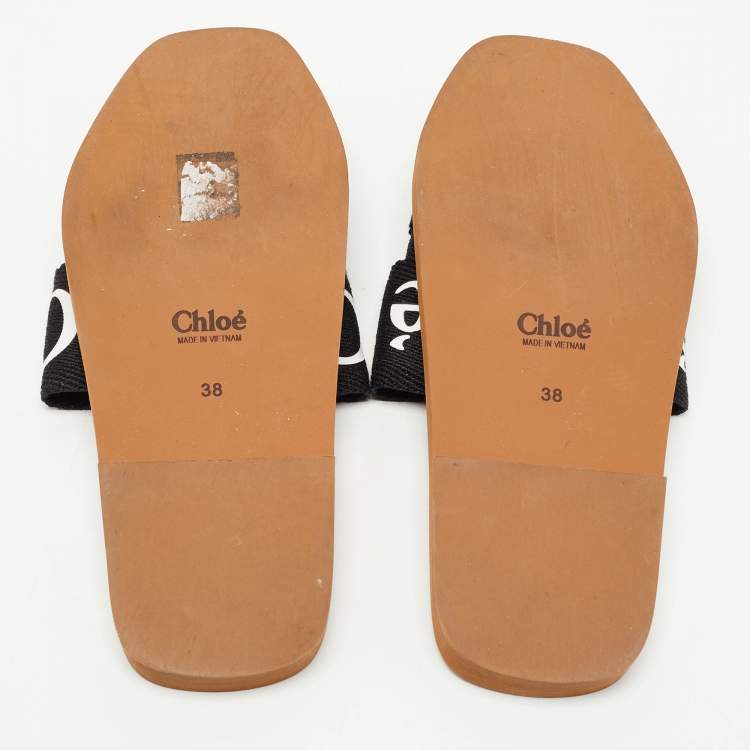 Pre Owned Chloe Black Canvas Logo Ribbon Woody Flat  Slides Size 38 
