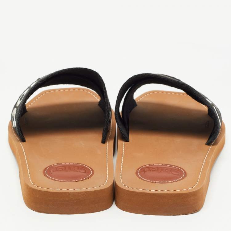 Pre Owned Chloe Black Canvas Logo Ribbon Woody Flat  Slides Size 38 