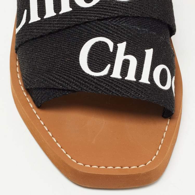 Pre Owned Chloe Black Canvas Logo Ribbon Woody Flat  Slides Size 38 