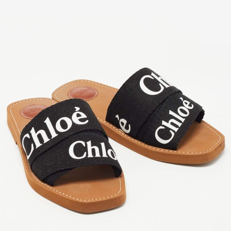 Pre Owned Chloe Black Canvas Logo Ribbon Woody Flat  Slides Size 38 