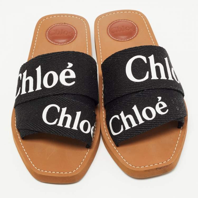 Pre Owned Chloe Black Canvas Logo Ribbon Woody Flat  Slides Size 38 
