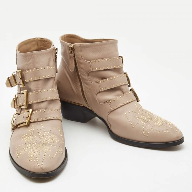 Pre Owned Chloe Beige Leather Studded Susanna Ankle Boots Size 39