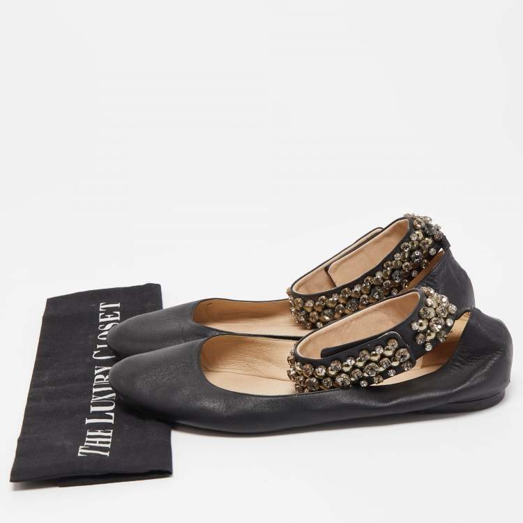 Pre Owned Chloe Black Leather Crystal Embellished Ankle Cuff Ballet Flats Size 40