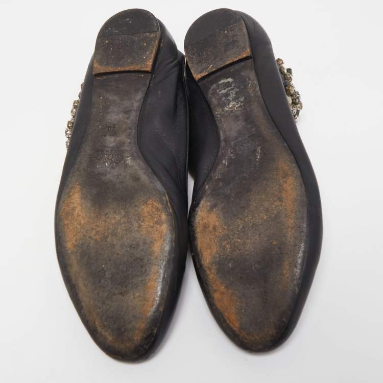 Pre Owned Chloe Black Leather Crystal Embellished Ankle Cuff Ballet Flats Size 40