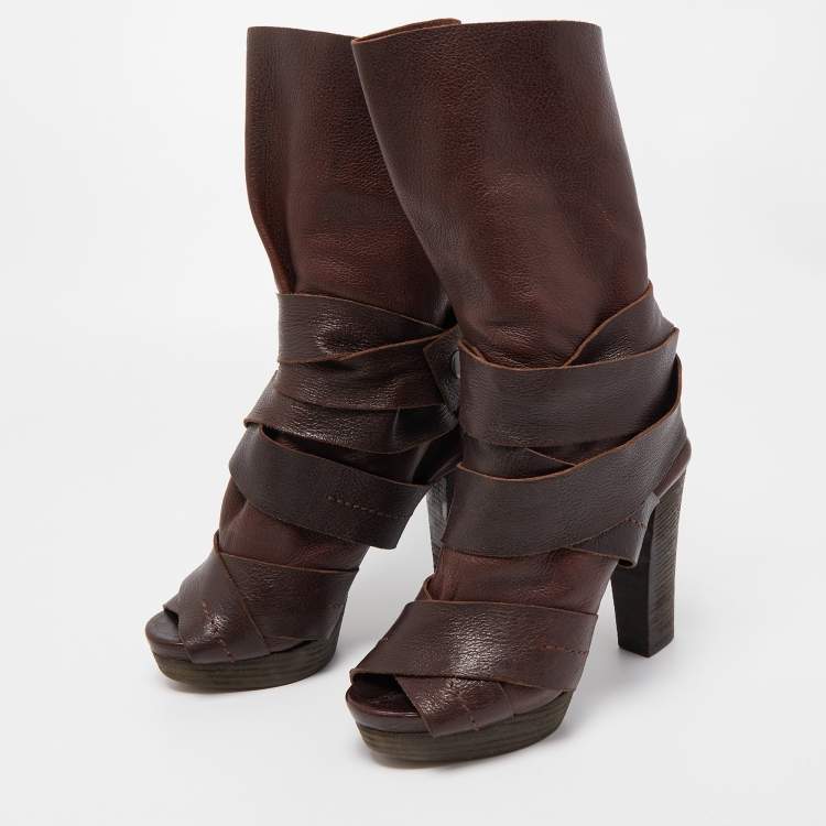 مملوكة مسبقًا Chloe Brown Leather Ankle Wrap Ankle Boots Size 38.5