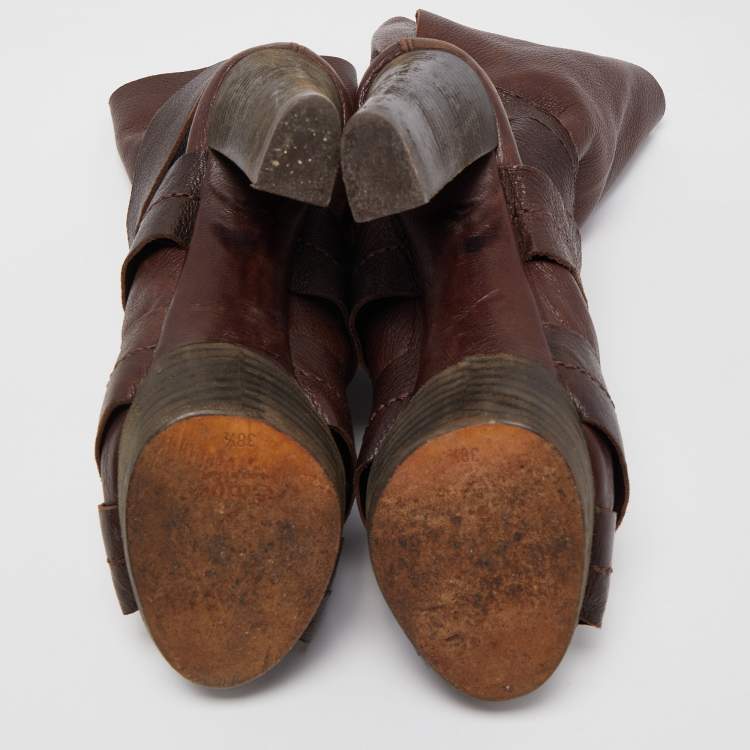 مملوكة مسبقًا Chloe Brown Leather Ankle Wrap Ankle Boots Size 38.5