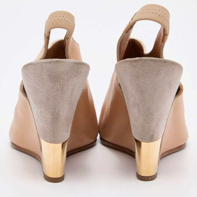 Pre Owned Chloe Beige Leather Wedge Slingback Pumps Size 37