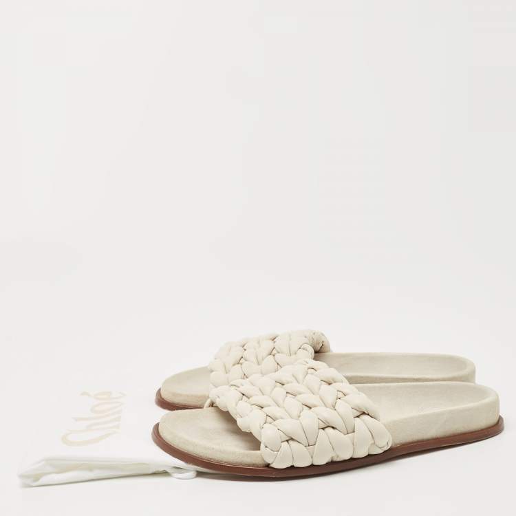 Pre Owned Chloe White Woven Leather Kacey Flat Slides Size 40