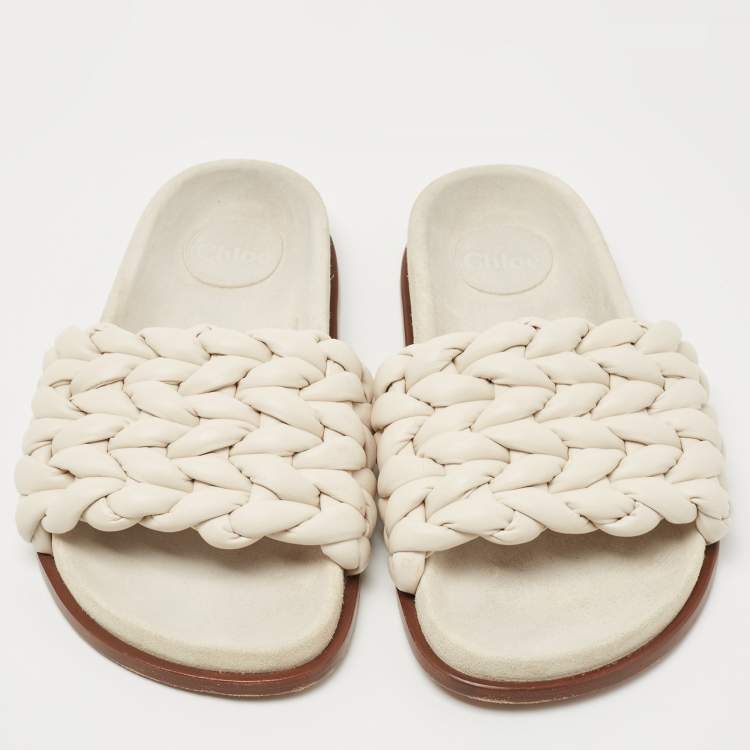 Pre Owned Chloe White Woven Leather Kacey Flat Slides Size 40