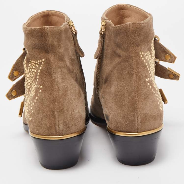 مملوكة مسبقًا Chloe Brown Studded Suede Susanna Ankle Boots Size 38.5