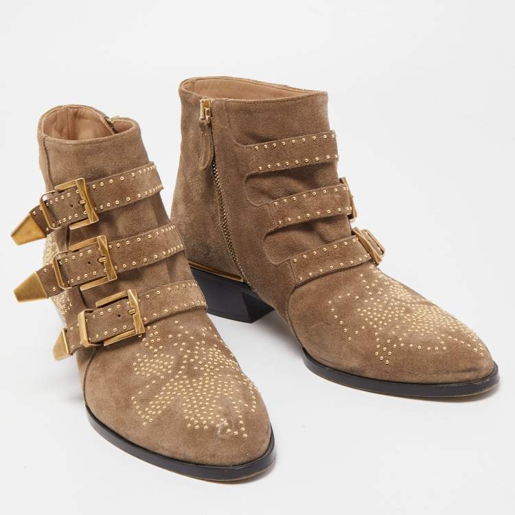 مملوكة مسبقًا Chloe Brown Studded Suede Susanna Ankle Boots Size 38.5
