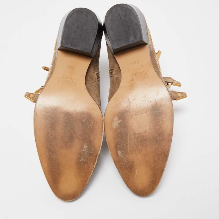 مملوكة مسبقًا Chloe Brown Studded Suede Susanna Ankle Boots Size 38.5
