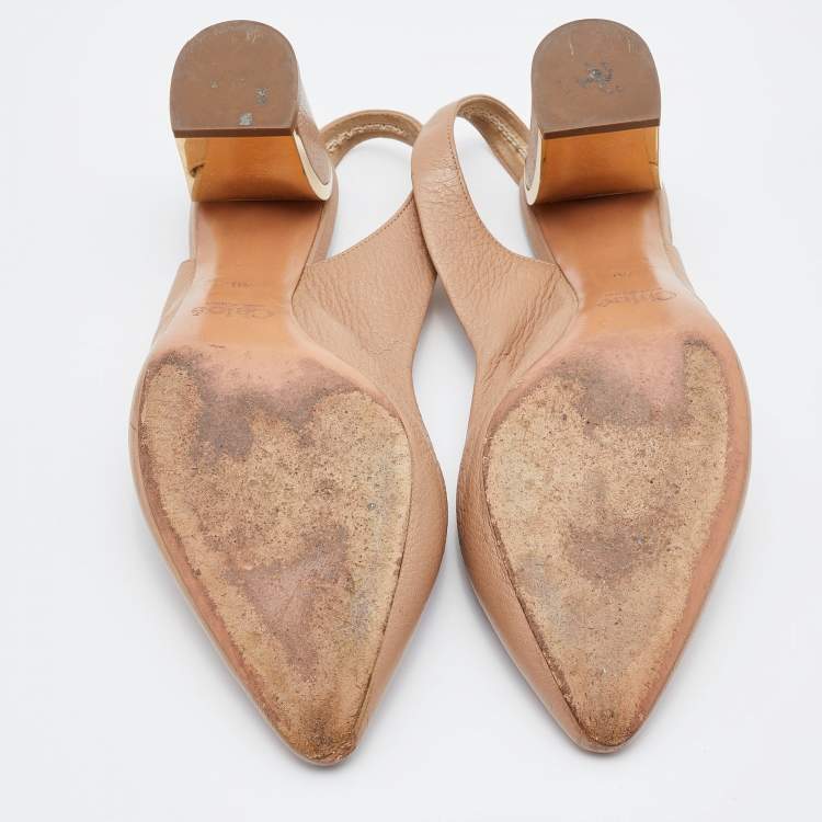 مملوكة �مسبقًا Chloe Beige Leather Block Heel Slingback Sandals Size 40