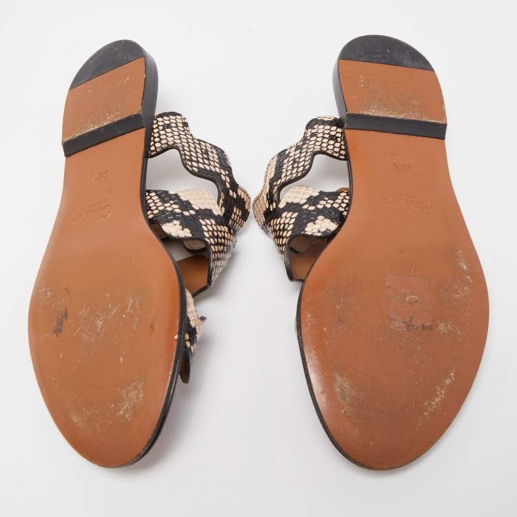 Pre Owned Chloe Two Tone Python Embossed Leather Lauren Strappy Flat Sandals Size 36.5