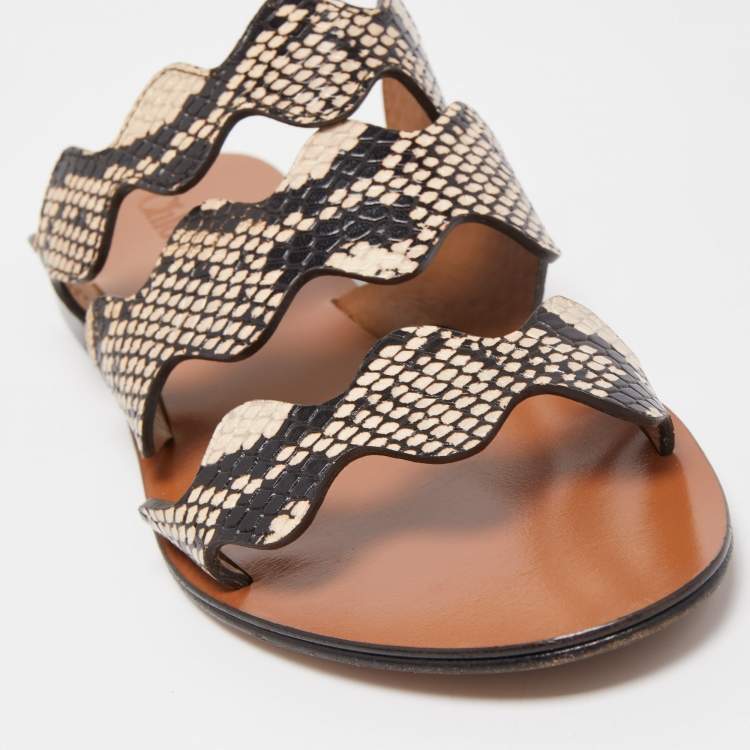 Pre Owned Chloe Two Tone Python Embossed Leather Lauren Strappy Flat Sandals Size 36.5