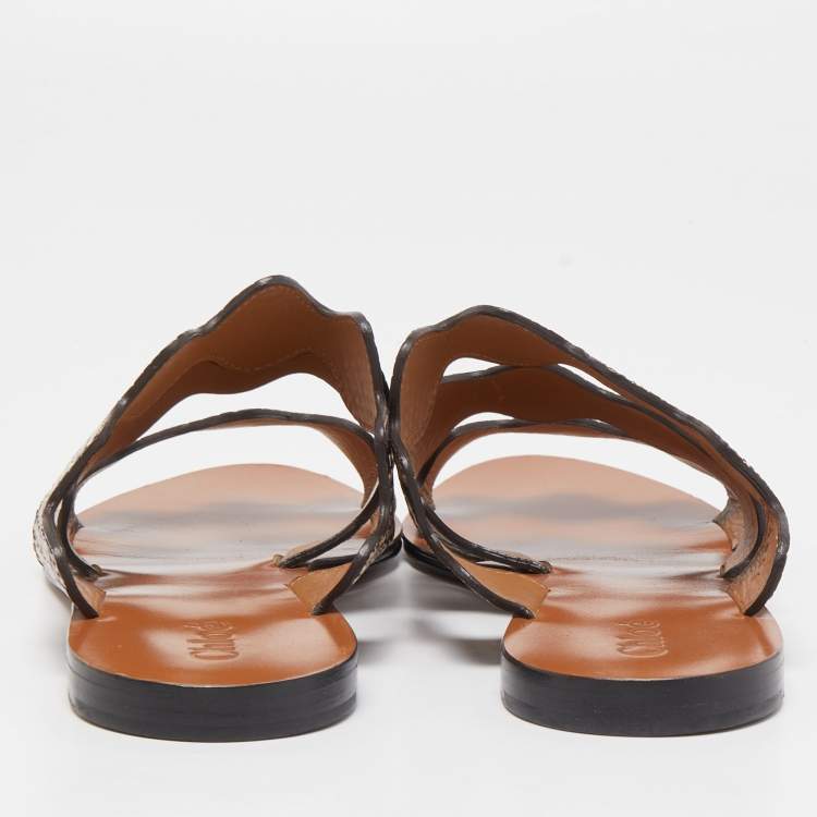 Pre Owned Chloe Two Tone Python Embossed Leather Lauren Strappy Flat Sandals Size 36.5