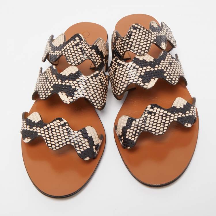 Pre Owned Chloe Two Tone Python Embossed Leather Lauren Strappy Flat Sandals Size 36.5
