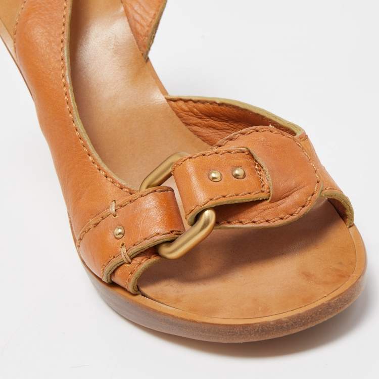Pre Owned Chloe Tan Leather Buckle Detail Slingback Sandals Size 38.5
