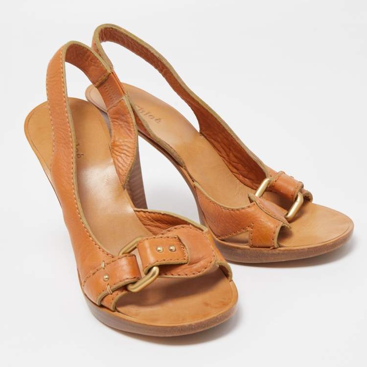 Pre Owned Chloe Tan Leather Buckle Detail Slingback Sandals Size 38.5