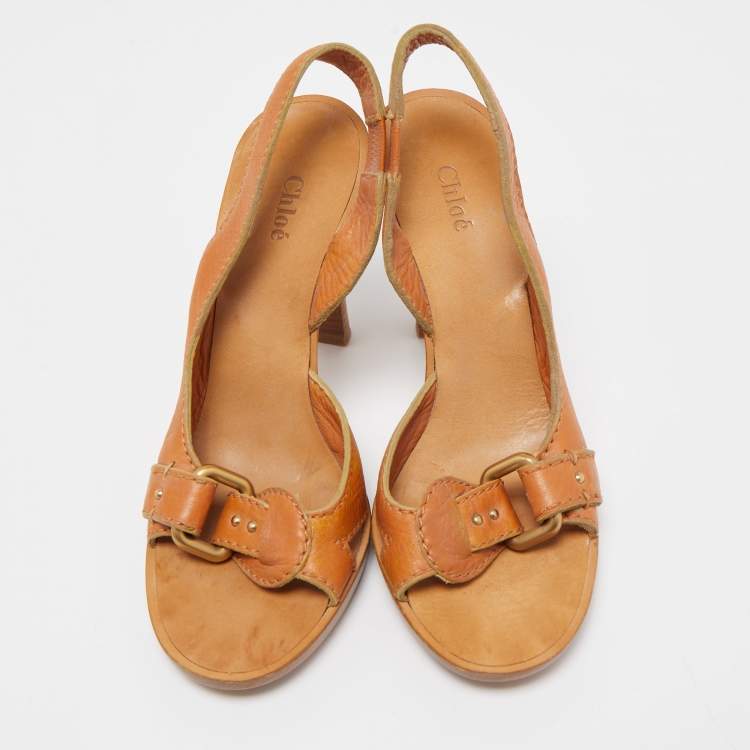 Pre Owned Chloe Tan Leather Buckle Detail Slingback Sandals Size 38.5