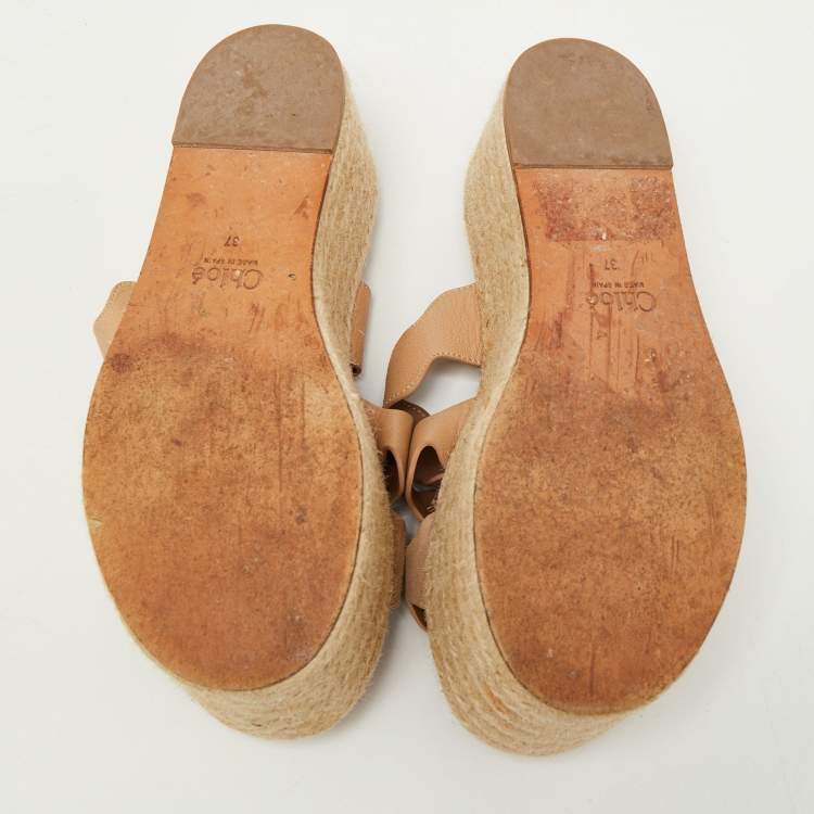 Pre Owned Chloe Beige Leather Lauren Espadrille Slide Sandals Size 37