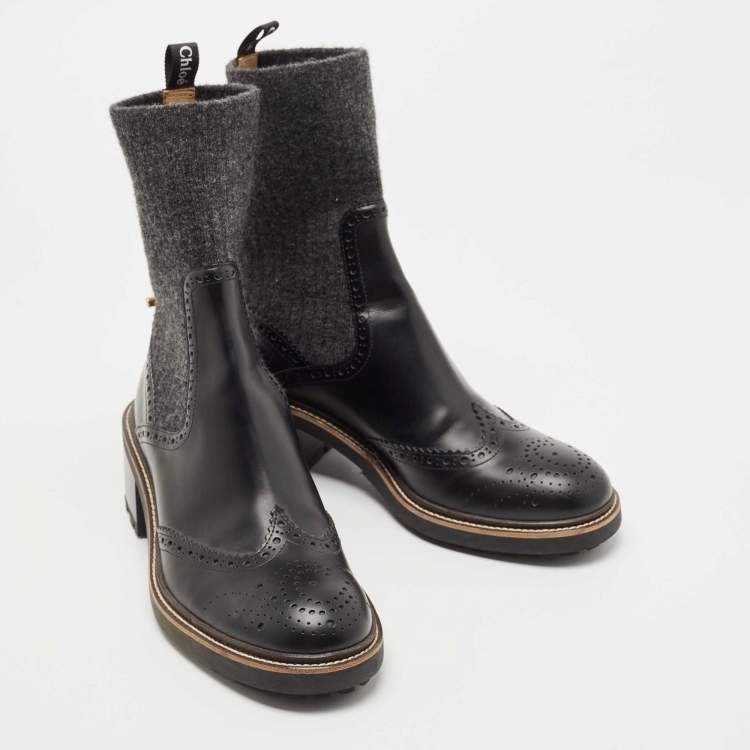 Pre Owned Chloe Black Leather and Fabric Ankle Boots Size 38