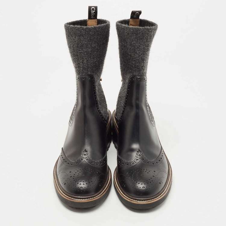 Pre Owned Chloe Black Leather and Fabric Ankle Boots Size 38