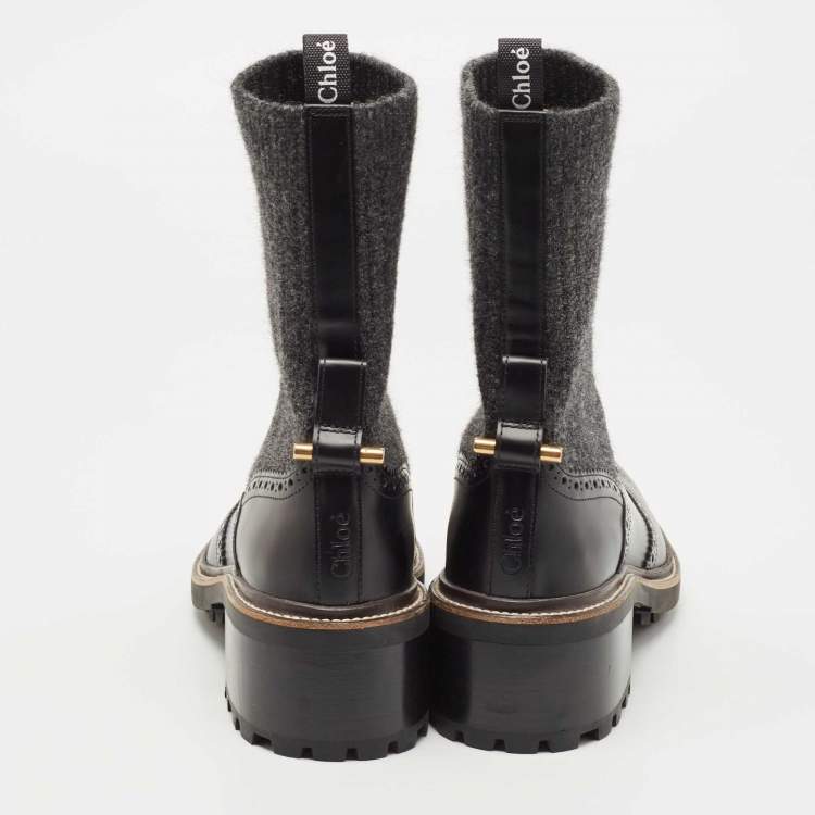 Pre Owned Chloe Black Leather and Fabric Ankle Boots Size 38