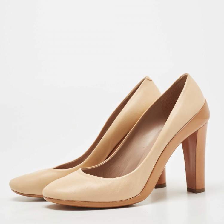 Pre Owned Chloe Beige Leather Block Heel Pumps Size 39.5