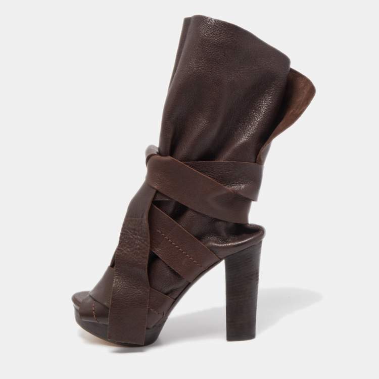 Pre Owned Chloe Brown Leather Ankle Wrap Ankle Boots Size 38