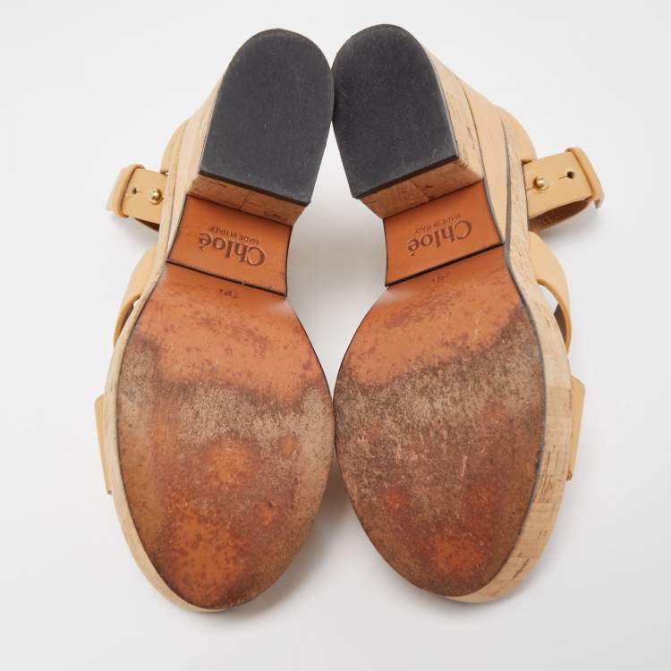 مملوكة مسبقًا Chloe Tan Leather Cork Platform Ankle Strap Sandals Size 36