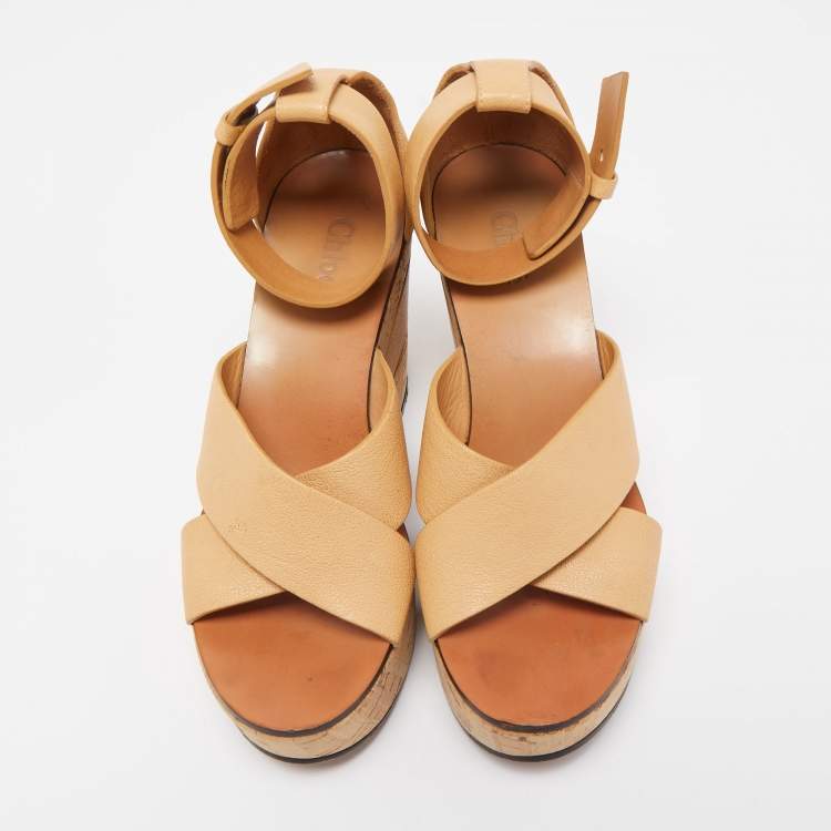 مملوكة مسبقًا Chloe Tan Leather Cork Platform Ankle Strap Sandals Size 36