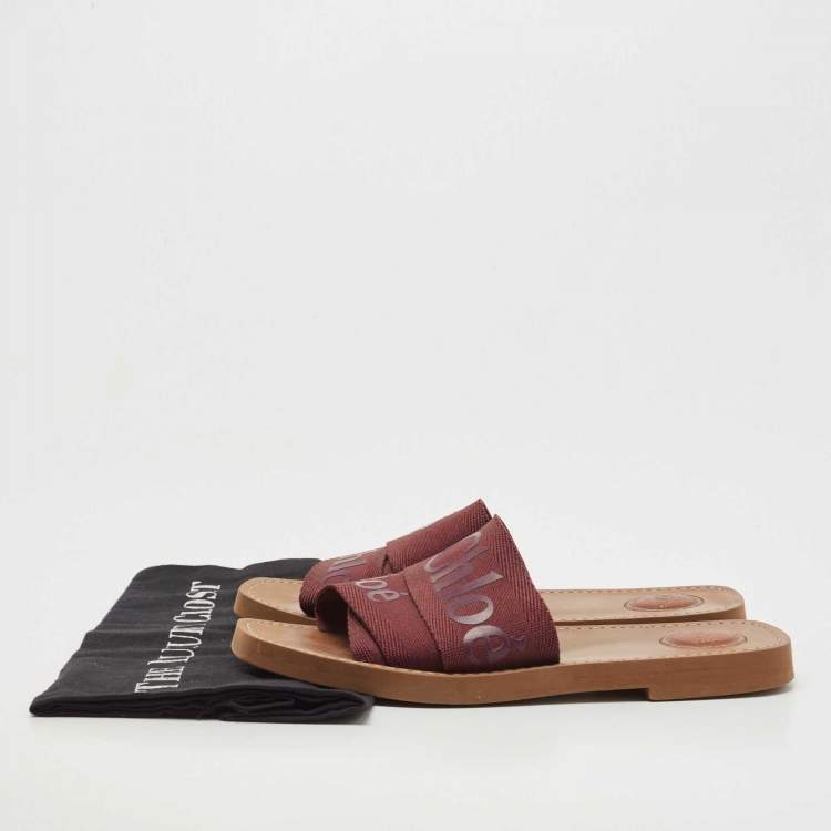 Pre Owned Chloe Burgundy Canvas Logo  Woody Flat Slides Size 38