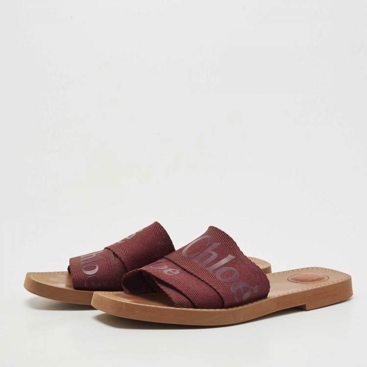 Pre Owned Chloe Burgundy Canvas Logo  Woody Flat Slides Size 38