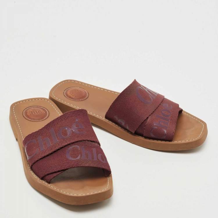 Pre Owned Chloe Burgundy Canvas Logo  Woody Flat Slides Size 38