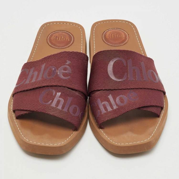 Pre Owned Chloe Burgundy Canvas Logo  Woody Flat Slides Size 38