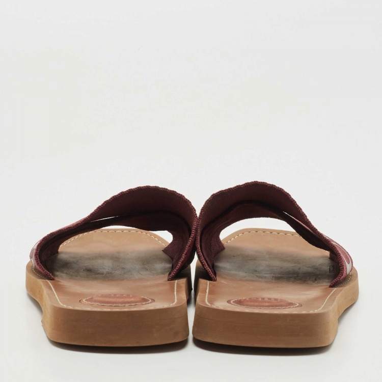 Pre Owned Chloe Burgundy Canvas Logo  Woody Flat Slides Size 38