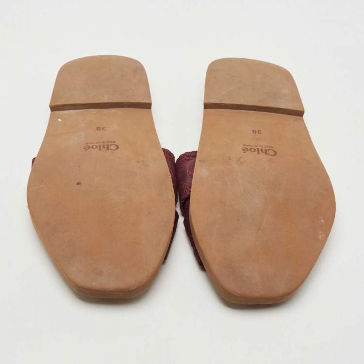 Pre Owned Chloe Burgundy Canvas Logo  Woody Flat Slides Size 38