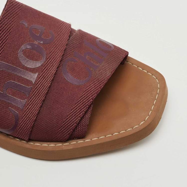 Pre Owned Chloe Burgundy Canvas Logo  Woody Flat Slides Size 38