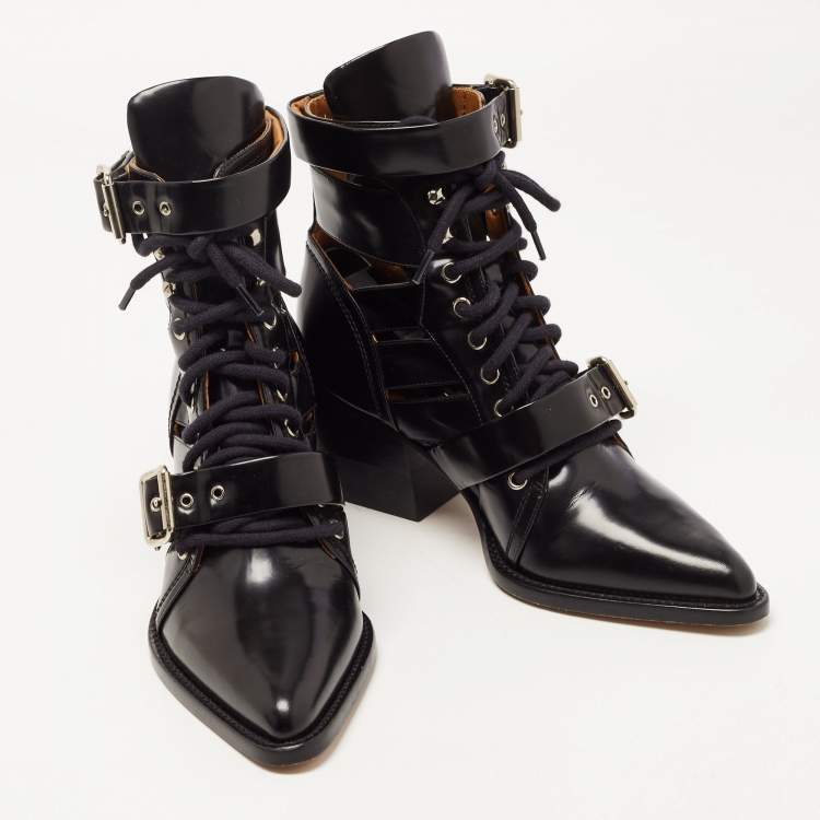 Pre Owned Chloe Black Leather Rylee  Buckle Detail Ankle Boots Size 39